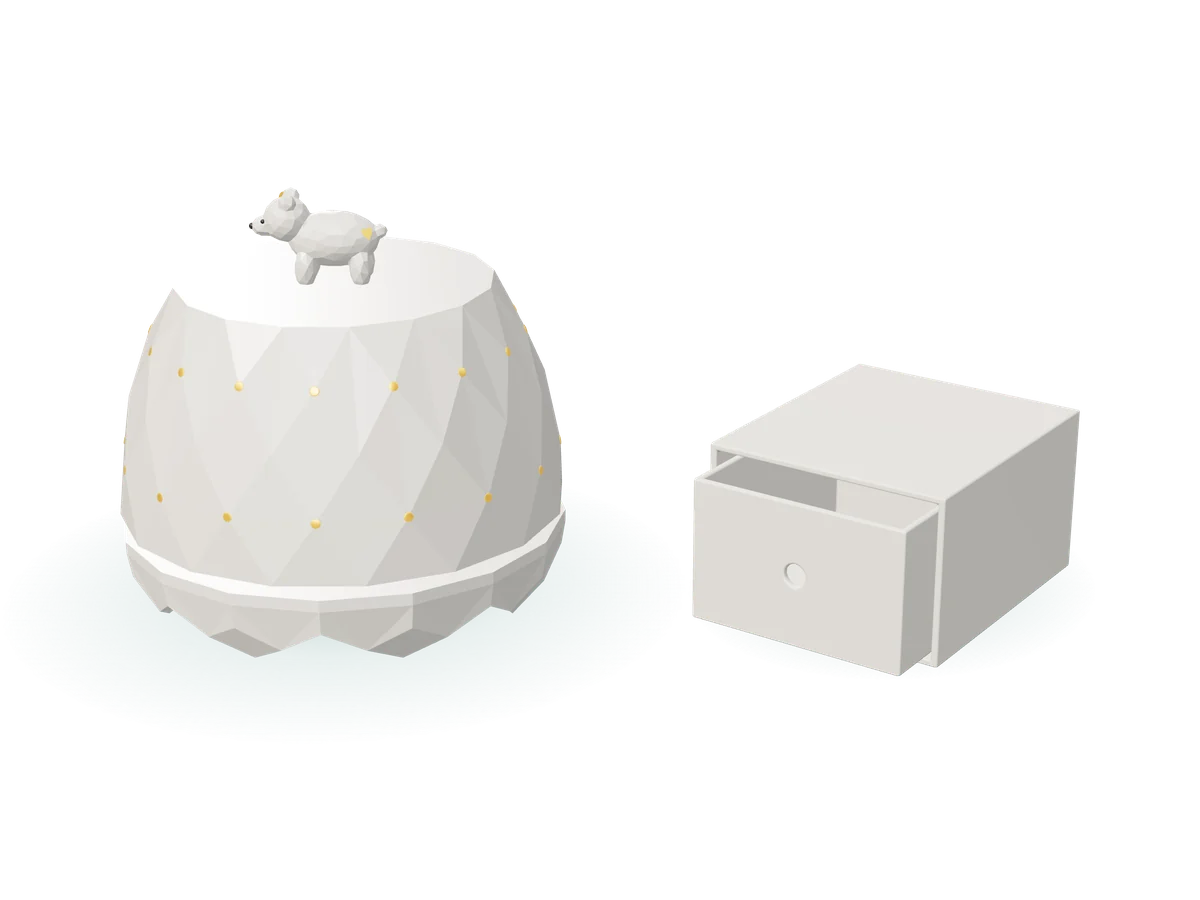 Rendu 3D des deux boîtes en porcelaine blanche : la boîte à musique ronde à facettes, son ourson et ses pois d'or, et la boîte à tiroir, tiroir entrouvert