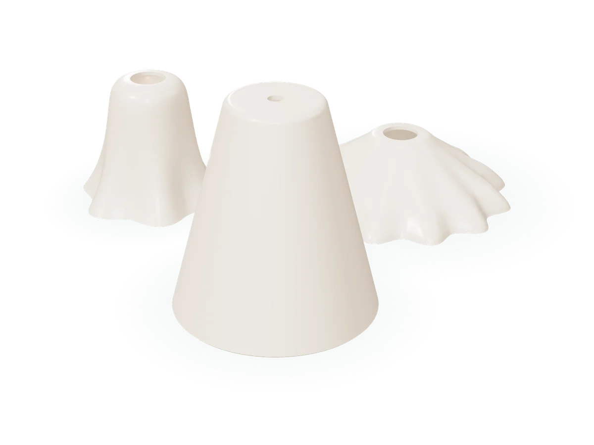 Rendu 3D des trois abat-jour en porcelaine en projet : la tulipe, l'abat-jour conique et la corolle festonnée